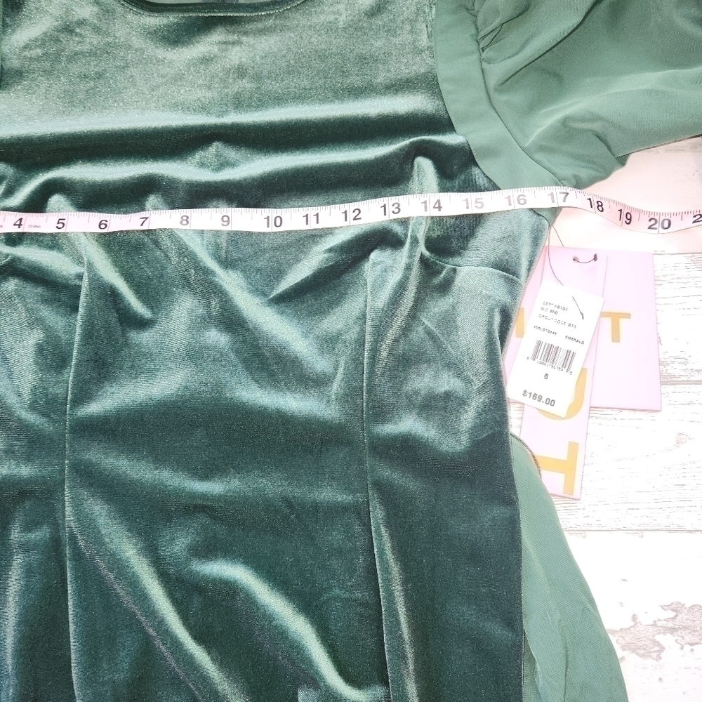 LDT Hannah NWT Stretch Velvet Bow Sash Crew Neck Puff Long Sleeve Dress Size 6 - Picture 5 of 12